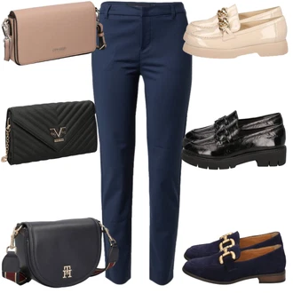 Outfit s Tmavě modrá/Modrá/Světle modrá Mokasín/Polobotek tt. bagatt, Černá/Růžová/Tmavě šedá/Šedá Mokasín/Nízká bota na podpatku/Polobotek "Outfit na podzim"