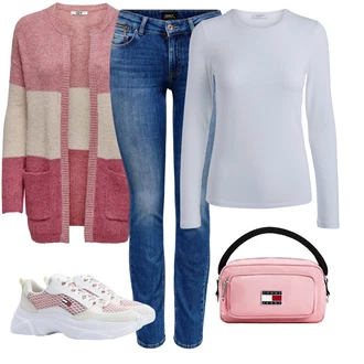 Trendový Outfit s Růžová/Bílá Teniska s dírkovaným vzorem/Teniska se Třpytkami/Chunky Tenisky/Teniska teddy/Letní Tenisky Tommy Jeans "Outfit na podzim"Look: Sportovní, S průsvitem, Trendový