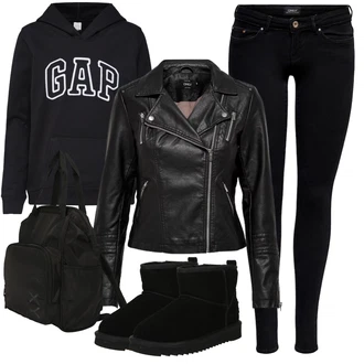 Slouchy Outfit s Černá Kozačka Zimní kotníková bota/Klasická Kozačka/Kožená bunda/Kotníková Bota s Podšívkou/Zimní Kozačka z jehněčí kůže/Boty do Sněhu/Plochá Kotníková Bota/Zimní bota/Ovčí Kožešinová Bota/Vycpaná Kozačka Mustang "Outfit na podzim"
