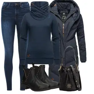 Prošívaný Dlouhé Outfit s Modrá/Tmavě modrá Zimní Kabát/Dlouhý Péřový Kabát/Kabát se Zipem/Prošívaný kabát/Dlouhý Zimní Kabát/Kabát s Kapucí/Péřový Kabát Ragwear "Outfit na podzim"