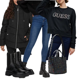 Zima Outfit s Tmavě modrá/Modrá Kožená bunda/Kotníková Bota/Push up Džín/Džíny s Rozparkem/Kožené Boty/Zkrácené Džíny/High Waist Džínové Kalhoty/Zimní bunda/Slim Fit Džíny Pieces "Outfit na podzim"