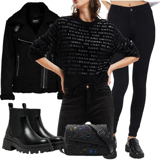 Glamourové Outfit s Černá Chelsea Boty/Kožená bunda/Plochá Kotníková Bota/Gumová Kotníková Bota Only "Outfit na podzim"Look: Lak, Šik, Estetika, S Mokrým Vzhledem, Elegantní, Trendový, Unisex, Metal, Glamourové