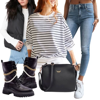 Sportovní Outfit s Světle modrá/Modrá High Waist Džínové Kalhoty/Džíny s Dírou/Kotníková Bota/Kožené bundy/Džíny s Rozparkem dstreet "Outfit na podzim"Look: Trendový, Ležérní, Sportovní