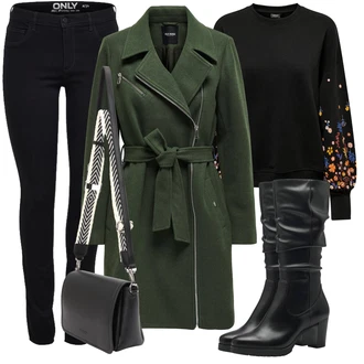 Slouchy Outfit s Černá Kozačka po Kolena/Vintage Kozačka/Kozačka se zipem/Kozačka Na Podpatku/Špičatá Kozačka/Bota se širokým nohavici Tamaris "Outfit na podzim"