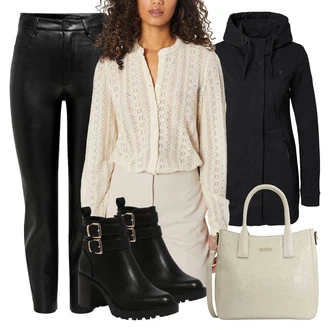 Outfit sa Crna/Smeđa Vintage Gležnjača/Kožna Jakna/Ravna Gležnjača/Podstavljena Gležnjača/Motociklistička čizma/Kožna gležnjača/ljetna gležnjača Only "Outfit za ured"