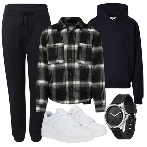Schwarz/Grau Mantel/Flanellhemd/Kariertes Hemd/Bluse Große Größe Lindbergh kombinieren mit Schwarz Uhr Lacoste