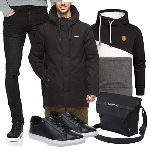 Lang Schwarz/Beige Wachsjacke/Parka-übergangsjacke/Winter Parka Ragwear kombinieren mit Schwarz/Beige Wachsjacke/Parka-übergangsjacke/Winter Parka Ragwear