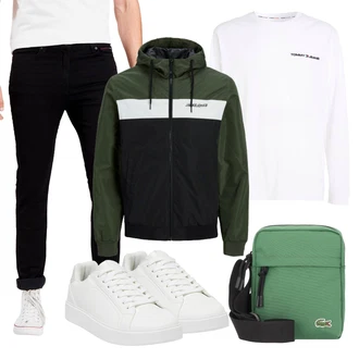 Outdoor Outfit mit Schwarz/Dunkelblau Biker Jeans/Lederjacke/Slim Fit Jeans/Thermojeans/Leder Schuhe/Jeans mit Schlitz/Herren Lederjacke/Winterjacke/Push up Jeans/Damen 7/8-Länge Jeans/High Waist Jeans Tommy Jeans "Perfekt für die Freizeit"Look: Uni, Lack, Outdoor, Coole, Old Money, Französische, Moderne