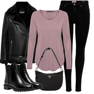 Lak Outfit s ?erná Koza?ka Ko?ená bunda/Chelsea Boty/Plochá Kotníková Bota/Ko?ená kotníková bota Only "Perfekt na podzim"Look: Gotický, S Mokrým Vzhledem, ?ik, Lak, Premium, Glamourové, Nadrozm?rné, Metal, Trendový, Elegantní