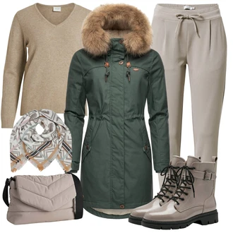 Outfit s Tmavě Zelená/Zelená Zimní Parka/Parka Přechodová Bund/Bundeswehr Parka Ragwear "Perfekt na podzim"