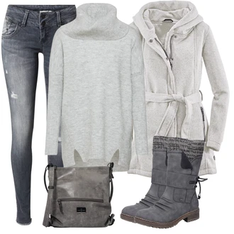 Dlouhé Zima Outfit s Šedá/Tmavě šedá/Světle šedá/Tmavě modrá Kožená bunda/Kožené bundy/Džíny s Nízkým Sedem/Zimní bunda/Motorkářské Džíny/Džíny s Rozparkem/Džíny s Dírou/Džín s Nízkým Pasem/Push up Džín LTB "Perfekt na podzim"