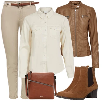 Outfit s Tmavě hnědá/Hnědá/Vínová Chelsea Boty/Kožená bunda/Letní kotníková kozačka/Kotníková Bota s Podšívkou/Vintage Kotníková Bota Tamaris "Perfekt na podzim"
