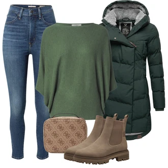 Pavla Outfit s Tmavě zelená/Zelená Zimní Kabát/Péřový Kabát/Kabát s Kapucí/Dlouhý Péřový Kabát/Dlouhý Zimní Kabát/Parka/Prošívaný kabát Ragwear "Perfekt na podzim"