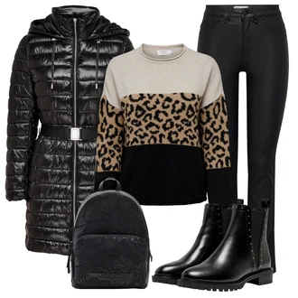 Nadrozměrné Outfit s Černá Kožená bunda/Chelsea Boty/Plochá Kotníková Bota/Kožená kotníková bota Only "Perfekt na podzim"Look: Gotický, S Mokrým Vzhledem, Šik, Lak, Premium, Glamourové, Nadrozměrné, Metal, Trendový, Elegantní