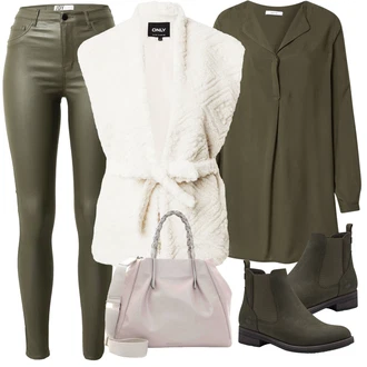 Kůže Outfit s Tmavě zelená/Khaki Kožená bunda/Motorkářské Džíny/High Waist Džínové Kalhoty/Džíny s Rozparkem/Termální Džíny JdY "Perfekt na podzim"