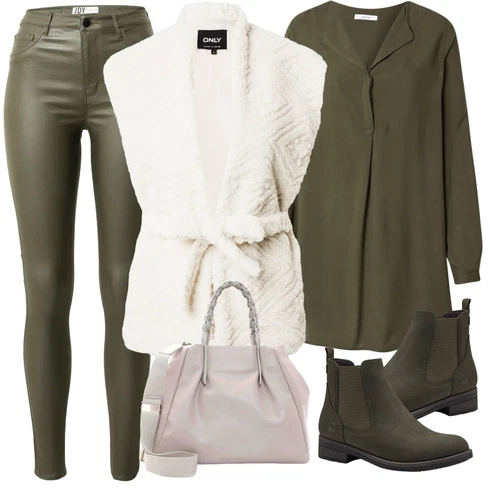 Kombinace Tmavě zelená Dlouhá Halenka/Klasická tunika/Halenka se Stojatým Límcem/Tunikové Tričko/Oversize Halenka About You kombinovat s Tmavě zelená/Khaki High Waist Džínové Kalhoty/Džíny s Rozparkem/Termální Džíny/Motorkářské Džíny JdY