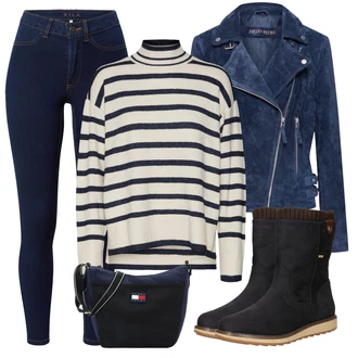 Outfit s Modrá/Tmavě modrá High Waist Džínové Kalhoty/Kožená Pánská Bund/Termální Džíny/Push up Džín/Kožené Boty/Zimní bunda/Kožená bunda Vila "Perfekt na podzim"