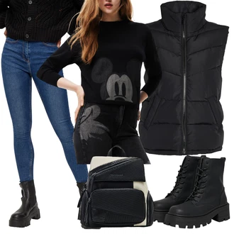 Outfit s ?erná Pe?ová Vest/Puffer Vest/Krátká Vest/Pro?itý Prslu?enství Noisy may "Perfekt na podzim"