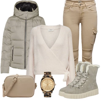 Outfit s Khaki/Tmavě zelená/Béžová/Hnědá Nafukovací Bund/Bunda s Kapucí/Puchová Bund/Letní peřová bunda/Bunda s Bočním Zipem/Udržitelná bunda/PodZimní Bunda/Zimní Bund VERO MODA "Perfekt na podzim"