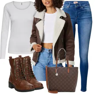 Motorka Zima Outfit s Tmavě hnědá/Hnědá/Šedá Bunda z Jehněčí Kůže/Kožená Bomber Bund/Pilotní Bunda/Motorkářské Bund/Kožené Bund/Kožená vintage Bunda/Bunda s Bočním Zipem Only "Perfekt na podzim"Look: Jízda na koni, Motorka