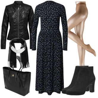 Outfit s Modrá/Tmavě modrá Zimní šaty s dlouhým rukávem/Šaty s dlouhým rukávem/Dlouhé pletené šaty/Šaty s puntíky JdY "Perfekt na podzim"