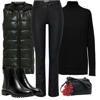 Lak Outfit s ?erná Koza?ka Ko?ená bunda/Chelsea Boty/Plochá Kotníková Bota/Ko?ená kotníková bota Only "Perfekt na podzim"Look: Gotický, S Mokrým Vzhledem, ?ik, Lak, Premium, Glamourové, Nadrozm?rné, Metal, Trendový, Elegantní