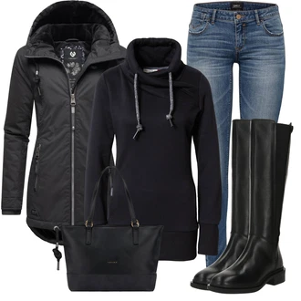 Rockový Outfit s Černá Kozačka Jezdecká Bota/Ovčí Kožešinová Bota/Klasická Kozačka/Dlouhá Kozačka/Bota na klínku/Kozačka po Kolena/Kozačka se zipem/Plochá Kozačka nad koleno/Bota se širokým nohavici About You "Perfekt na podzim"Look: Kovbojka, Elegantní, Punk, Rockový