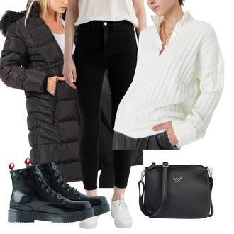 Outfit s Vínová/Bílá/Černá/Hnědá/Tmavě červená Kožená bunda/Kotníková Bota/Džíny s Rozparkem/Zkrácené Džíny/Kožené Boty/Motorkářské Džíny/Push up Džín/Dámské Džíny s Délkou 7/8/Kožená Pánská Bund/Termální Džíny DeFacto "Podzimní Look"