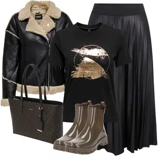Retro Motorka Outfit s Černá Kožená Bomber Bund/Kožené Bund/Vintage Bund/Kožená vintage bunda/Neobvyklá bunda/Motorkářské Bund/Bunda z Jehněčí Kůže/Bunda z Umělé Kůže Only "Podzimní Look"Look: Lesk, Šik, Cool, Moderní, Venkovní, Techno, Univerzitní, Pracovní oděvy, Retro, 80tá léta, Volný čas, Jízda na koni, Motorka