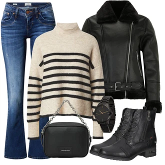 Veslování Outfit s Bílá/Hnědá/Béžová/Khaki Svetr Carmen/Mohair Pullover/Pruhovaný Svetr/Zimní Svetr/Vlněný Svetr/Svetr Niki Only "Podzimní Look"Look: Volný čas, Bowling, Veslování, Apres ski