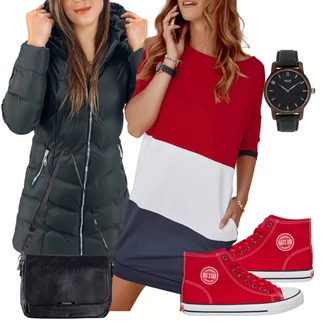 Krátká Outfit s Červená/Tmavě červená Tunikové šaty/Sportovní Šaty/Pouzdrové Šaty/Kancelářské šaty/Pletené Šaty/Žerzejové Šaty/Ležérní Šaty/Business Šaty/Halenkové Šaty/Šaty s 3/4 Rukávem fasardi "Podzimní Look"