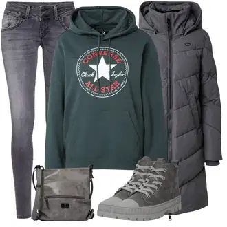 Outfit s Šedá/Tmavě šedá Zimní Kabát/Přechodový Kabát/Dlouhý Zimní Kabát/Prošívaný kabát/Péřový Kabát/Kabát s Kapucí/Dlouhý Péřový Kabát Ragwear "Podzimní Look"