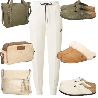 Outfit s Šedá Pantofle Birkenstock, Bílá/Béžová Korkový dřevák a pantofle/Zahradní bota/Ortopedická pantofle/Trotteur/Dřevák & pantofle s vyměnitelnou stélkou/Lékařská Bota/Měkký dřevák Birkenstock "Podzimní Look"