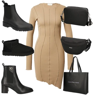 Výstřih na ramena Len Outfit s Béžová/Hnědá/Khaki Šaty S Rolákem/Zimní Pletené Šaty/Šaty s dlouhým rukávem/Zimní šaty s dlouhým rukávem/Pletené Šaty/Šaty s Předním Zipem/Svetrové Šaty Leger by Lena Gercke "Podzimní Look"