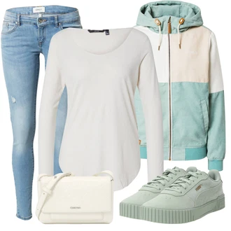 Outfity z džínu Mom Posilování s Bílá/Khaki/Krémová/Béžová/Šedá/Hnědá Pletené tričko/Dlouhá košile/Košile s dlouhým rukávem/Jednoduchý top/Tričko/Košilový top/Dlouhý top VERO MODA "Podzimní Look"Look: Skater, Univerzitní, Ležérní, Mom, Chytrý příležitostný, Baseball, Posilování
