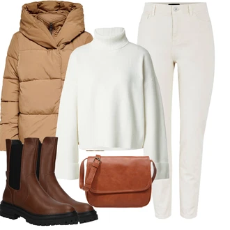 Outfit s Krémová/Bílá/Khaki/Béžová Mom Jean/Kotníková Bota/Zužující se Džíny/High Waist Džínové Kalhoty/Džíny s Rozparkem/Kožená bunda/Zimní bunda/Zkrácené Džíny/Termální Džíny/Motorkářské Džíny/Dad Džíny Pieces "Podzimní Look"