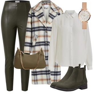 Károvaný Outfit s Hnědá/Béžová/Světle modrá/Červená Přechodový Kabát/Vintage Kabát/Oversize Kabát/Letní Kabát/Zimní Kabát Vlněný kabát/Vlněný Kabát/Tweedový Kabát/Midi Kabát/Kabát Bouclé Vila "Podzimní outfit na volný čas"