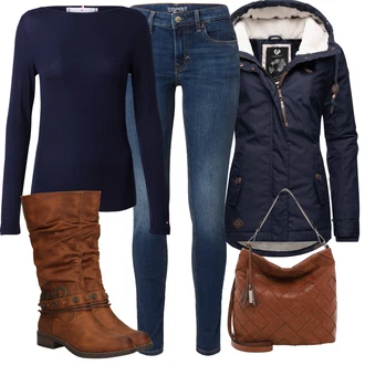 Outfit s Světle modrá/Tmavě modrá Bunda s Kapucí/Lyžařská bunda/Bunda 2v1/Zimní Parka/Parka Přechodová Bund/Vosková Bunda/Podzimní bunda/Zimní Bund/Sněhová Bund/Outdoorové Bundy/Jezdecká bunda/Snowboardová Bund/Tradiční pletená bunda Ragwear "Podzimní outfit na volný čas"