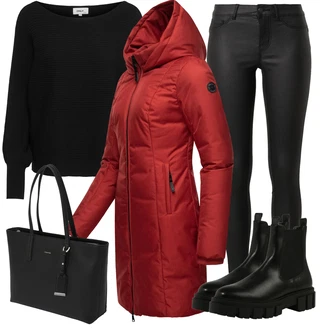 Outfit s Červená/Tmavě červená Zimní Kabát/Kabát se Zipem/Péřový Kabát/Gore-Tex kabát/Kabát s Kapucí/Dlouhý Péřový Kabát/Outdoorový kabát/Parka/Prošívaný kabát/Přechodový Kabát Ragwear "Podzimní outfit na volný čas"