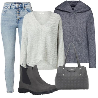 Outfit s Šedá/Modrá/Tmavě modrá/Tmavě šedá Bunda s Kapucí/Bunda 2v1/Vlněná Bund/Fleecová Bunda Pletená Fleecová Bundy/Merino bunda/Udržitelná bunda/Bouclé Bund/Přechodné Bundy Only "Podzimní outfit na volný čas"