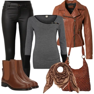 Outfit s Hnědá/Tmavě hnědá Chelsea Boty/Kožená bunda/Plochá Kotníková Bota/Jezdecká Bota/Kotníková Bota s Podšívkou Tommy Hilfiger "Podzimní outfit na volný čas"