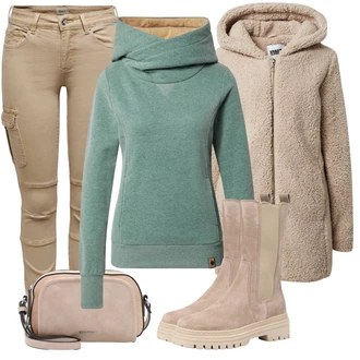 Kožešina Outfit s Šedá/Hnědá/Béžová/Khaki/Fialová Fleecový Kabát/Kožich Kabát/Kabát Bouclé/Kabát s Kapucí/Vlněný Fleecový Kabát/Teddy Kabát/Pletený Fleecový Kabát About You "Podzimní outfit na volný čas"