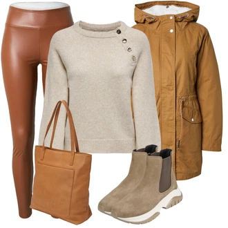 Outfit s Béžová/Šedá/Hnědá Bota Zimní tenisky/Chelsea Boty/Letní kotníková kozačka/Zimní kotníková Bota/Kožená bunda/Plochá Kotníková Bota/Zimní Bota Bullboxer "Podzimní outfit na volný čas"