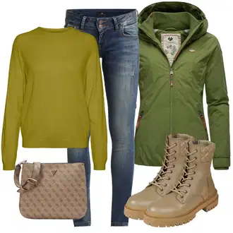Outfit s Tmavě zelená/Zelená Outdoorové Bundy/Merino bunda/Trekingová bunda/Turistická bunda/Bunda 2v1/Funkční Bunda Ragwear "Podzimní outfit na volný čas"