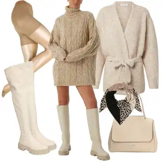 Outfit s Černá/Béžová/Hnědá/Bílá Bandana/Šál/Pokrývka hlavy Šátek na hlavu About You "Podzimní outfit na volný čas"