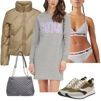 Outfit s Šedá/Oranžová/Černá Sada kalhotek podprsenky/Bralette/Nightwear & Loungewear Domácí oblek Niki/Sportovní podprsenka/Sada spodního prádla/Trojúhelníkový Podprsenek/Kalhotky Tommy Jeans "podzimní outfit pro každý den"