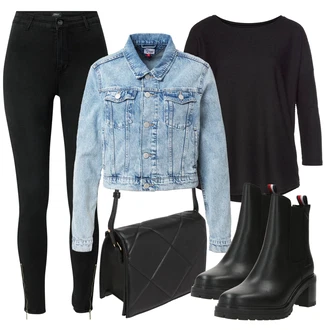 Outfit sa Crna Majica s 3/4 rukavima/Majica S Visokim Okovratnikom/pletena košulja/Duga košulja/Dugi top VIVANCE "Praktičan look"