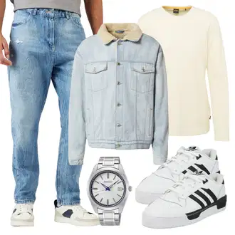 Laufen Outfit mit Hellblau/Blau Boyfriend Jean/Dad Jeans/Baggy Jeans/Girlfriend Jeans/Mom Jean/Jeans mit Loch/Loose fit Jeans/Vintage Jeans/Formelles Hemd/Lederjacke About You "Praktischer Look"Look: Freizeit, Laufen, Cricket