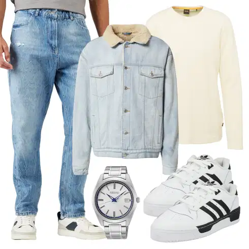 Hellblau/Blau Boyfriend Jean/Dad Jeans/Baggy Jeans/Girlfriend Jeans/Mom Jean/Jeans mit Loch/Loose fit Jeans/Vintage Jeans/Formelles Hemd/Lederjacke About You kombinieren