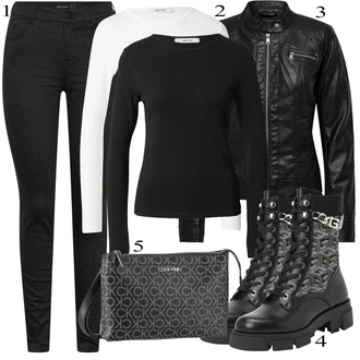 Barvno blokiranje outfit mit Črna/Bela Srajca & majica velike velikosti/Majica & Top/Pletene velika velikost/Bluza velika velikost About You "Popoln za jesen"Look: Nor, Poslovna, Barvno blokiranje, Francoski, Modernen, Pisarna, Skater, Univerzitetni